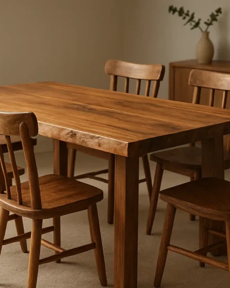 mobiliario artesanal mesa madeira cadeiras Mesa de madeira maciça com acabamento natural e cadeiras rústicas artesanais em ambiente doméstico elegante