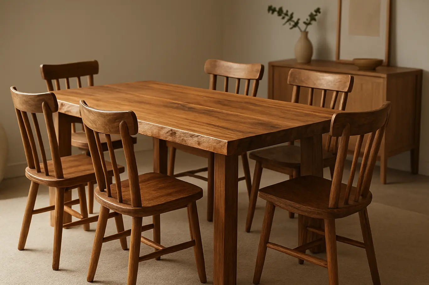mobiliario artesanal mesa madeira cadeiras Mesa de madeira maciça com acabamento natural e cadeiras rústicas artesanais em ambiente doméstico elegante