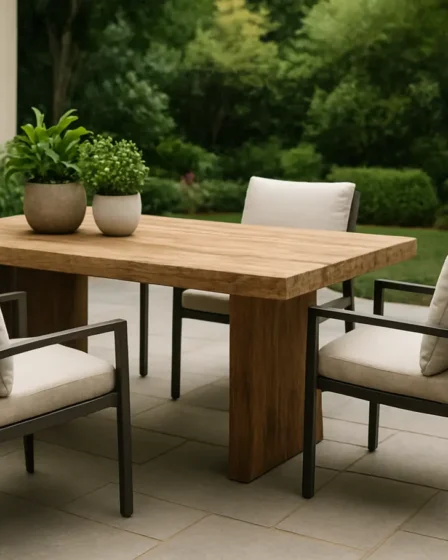 mobiliario externo madeira cadeiras plantas Mobiliário externo moderno com mesa de madeira rústica e cadeiras minimalistas com almofadas claras em jardim residencial