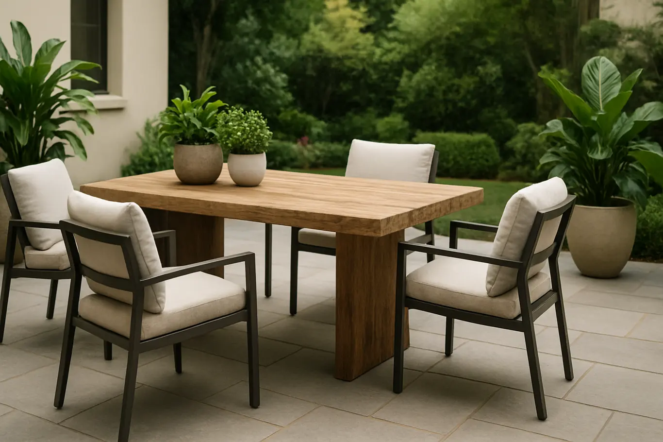 mobiliario externo madeira cadeiras plantas Mobiliário externo moderno com mesa de madeira rústica e cadeiras minimalistas com almofadas claras em jardim residencial