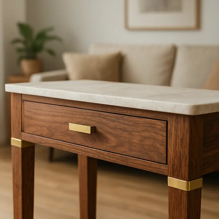 Móvel artesanal em madeira natural com detalhes em latão e superfície de mármore em ambiente moderno