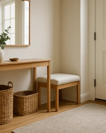 moveis entrada console banco organizacao Entrada de casa com aparador estreito de madeira natural e banco com armazenamento em espaço organizado