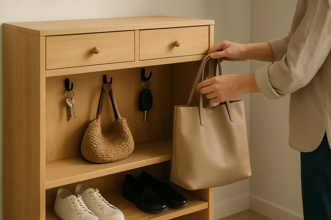 Móvel de entrada em madeira clara com gavetas, nichos para chaves penduradas, bolsas acomodadas e sapatos organizados embaixo, com mão ajustando bolsa em gancho