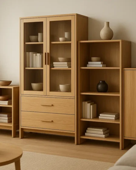 moveis modulares ambiente moderno Móveis modulares modernos em ambiente doméstico elegante e organizado com iluminação suave e textura detalhada