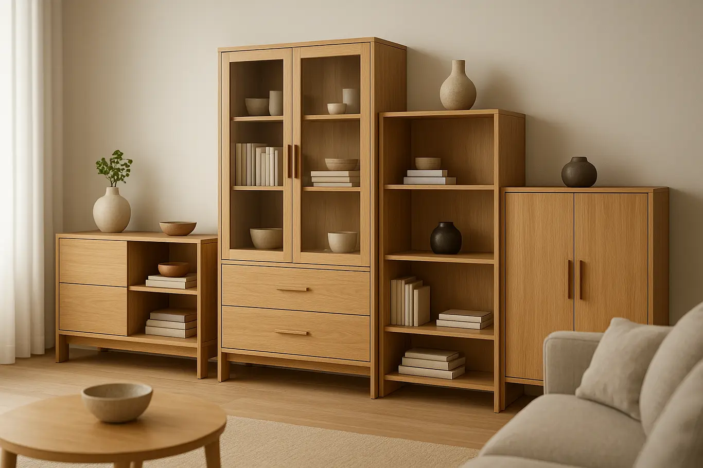 moveis modulares ambiente moderno Móveis modulares modernos em ambiente doméstico elegante e organizado com iluminação suave e textura detalhada