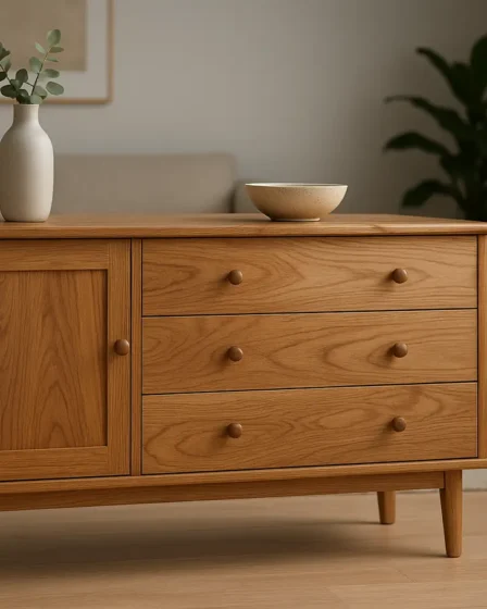 movel artesanal ambiente contemporaneo Móvel artesanal em madeira natural detalhada em sala doméstica moderna