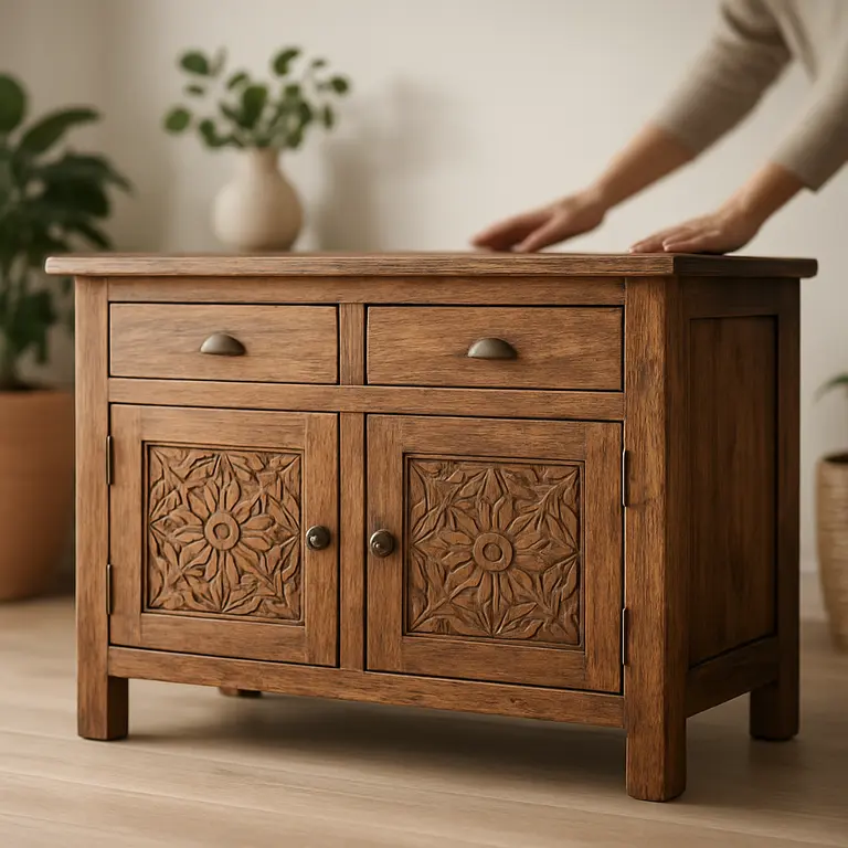 Móvel artesanal de madeira maciça com detalhes entalhados manualmente em ambiente doméstico sofisticado