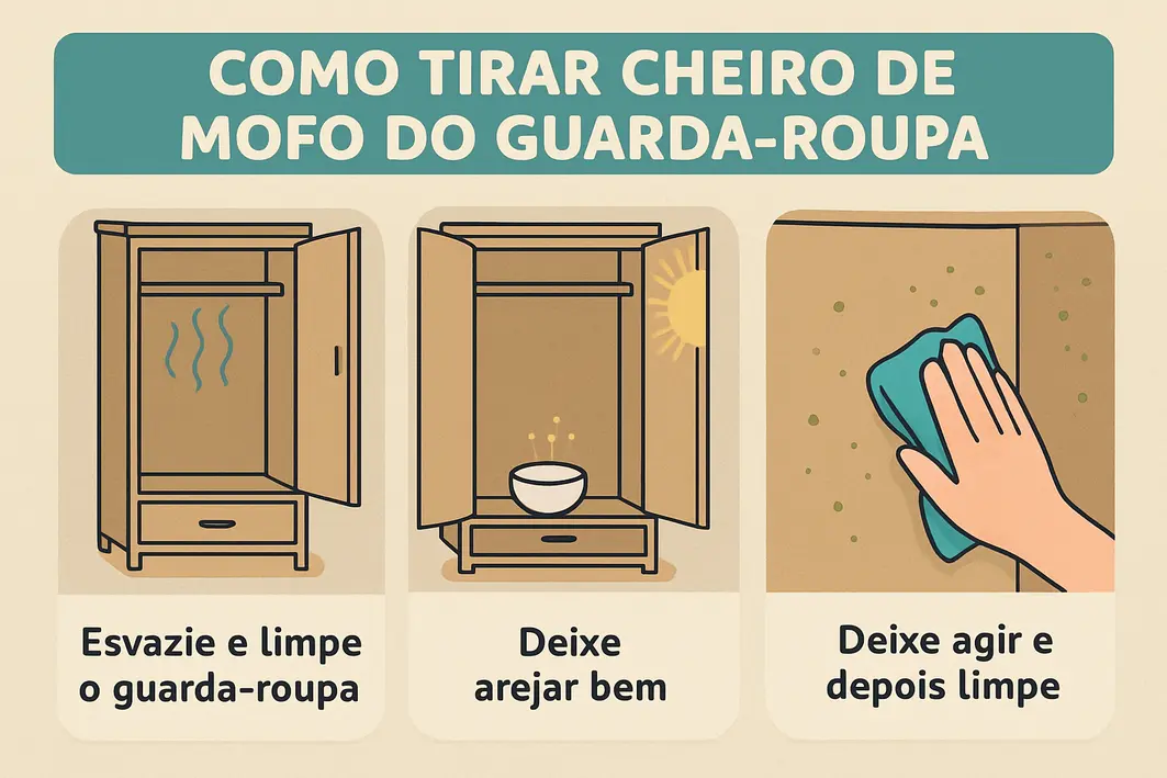 Mulher abrindo porta de guarda roupa de madeira clara olhando sachê perfumado e caixa de bicarbonato