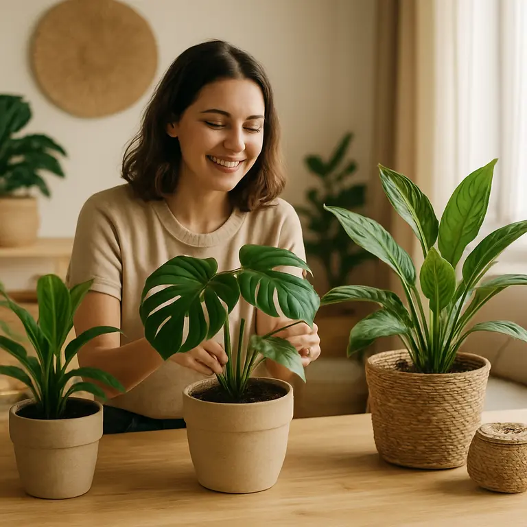 Mulher sorridente ajustando plantas tropicais em vasos de cerâmica natural sobre mesa de madeira clara em sala iluminada pela luz do dia