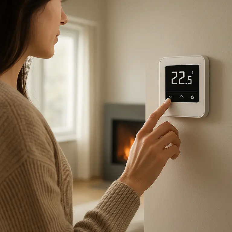 Mulher ajustando termostato digital de aquecedor ao lado de lareira acesa em sala minimalista