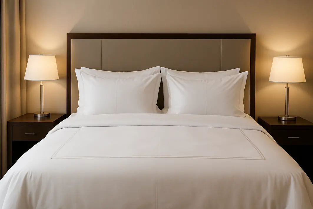 Mulher organizando almofadas decorativas brancas em cama de hotel com lençóis dobrados simetricamente