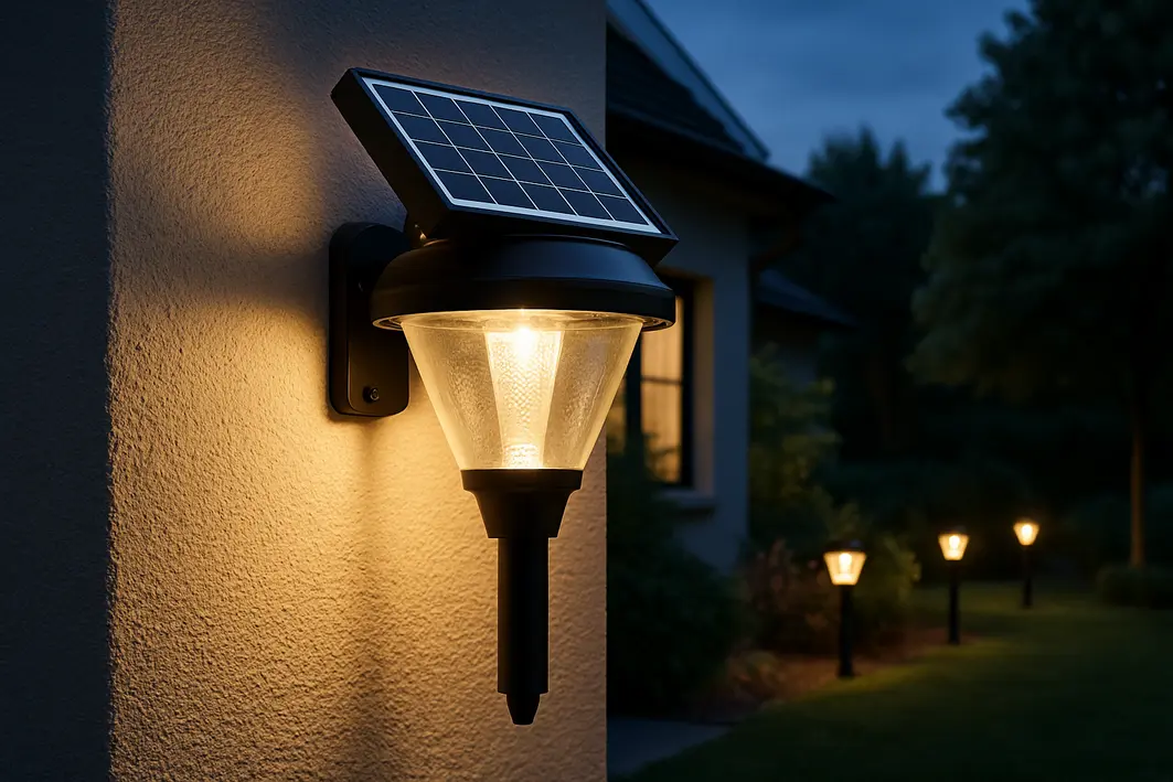 Mulher instalando luminária solar moderna em suporte de madeira no jardim ao entardecer