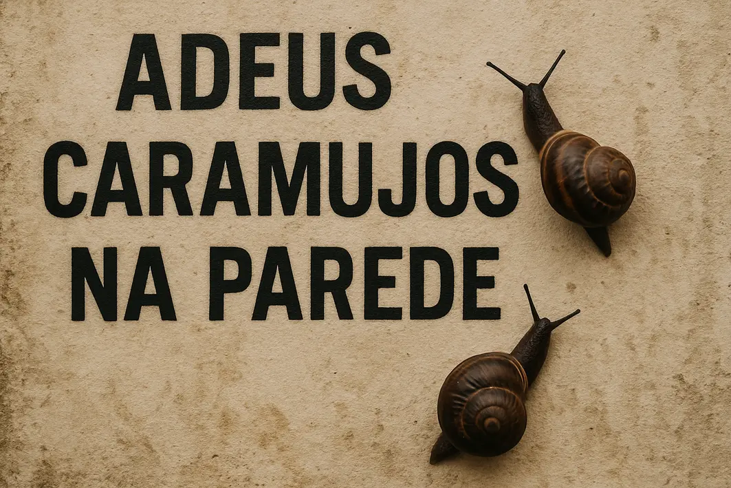 Mulher com luvas de jardinagem removendo caramujos manualmente de parede externa