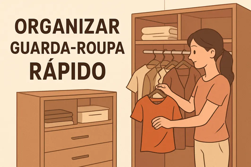 Mulher adulta dobrando camisa branca em guarda roupa de madeira claro iluminado por luz natural