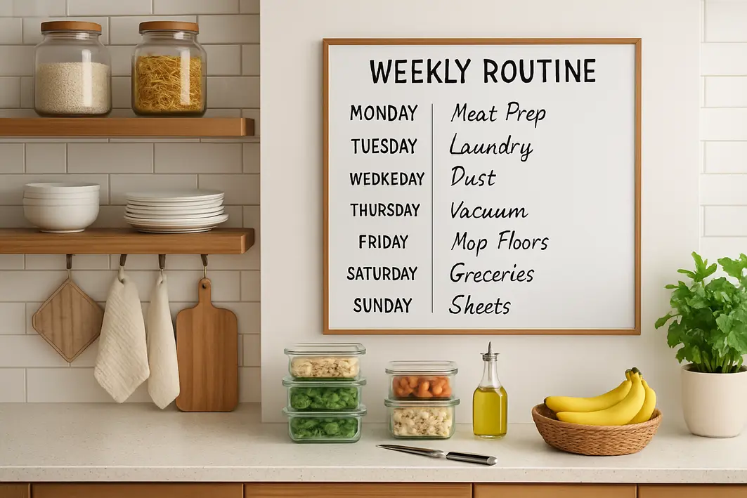 Mulher adulta organizando potes transparentes com alimentos frescos na prateleira de despensa iluminada