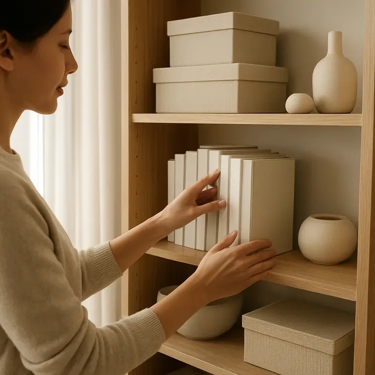 Mulher arrumando livros em estante de madeira clara com caixas organizadoras elegantes e objetos decorativos minimalistas
