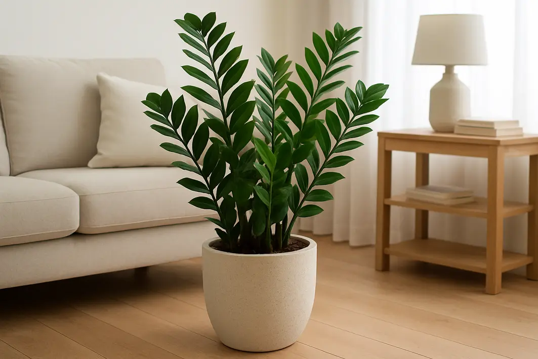 mulher regando zamioculca sala moderna Mulher adulta regando uma zamioculca em vaso branco dentro de sala de estar moderna minimalista com luz natural