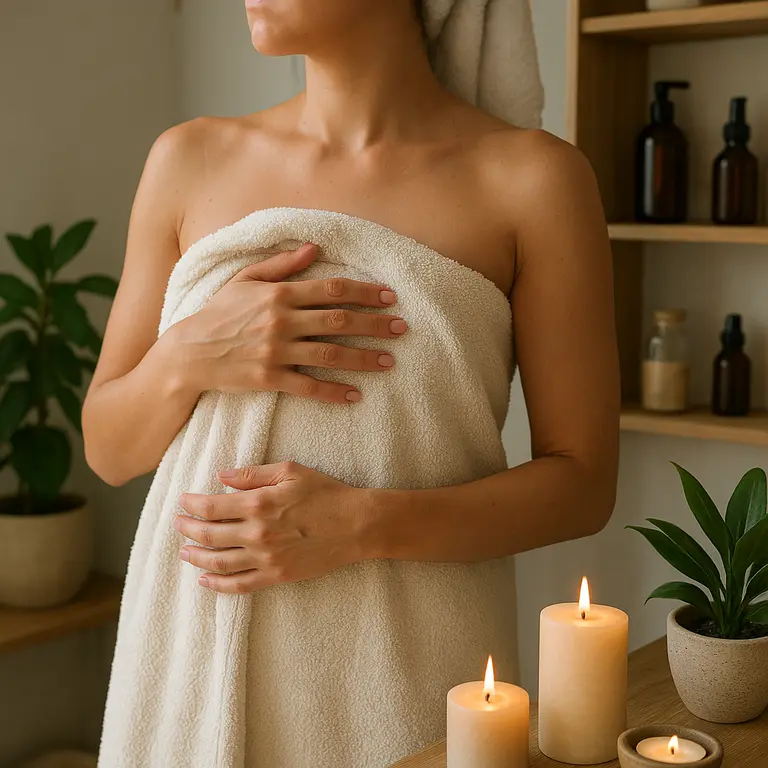 Mulher segurando toalha macia em banheiro wellness com velas acesas plantas e prateleiras com produtos