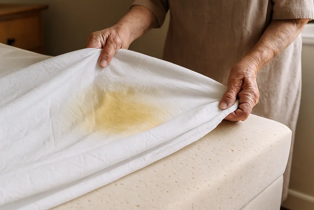 Mãos de idoso retirando lençol branco manchado de urina de colchão de espuma