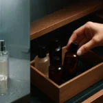 onde guardar perfumes banheiro organizacao segura Banheiro com bancada úmida e perfume exposto ao lado de armário de quarto com organizador e frascos protegidos