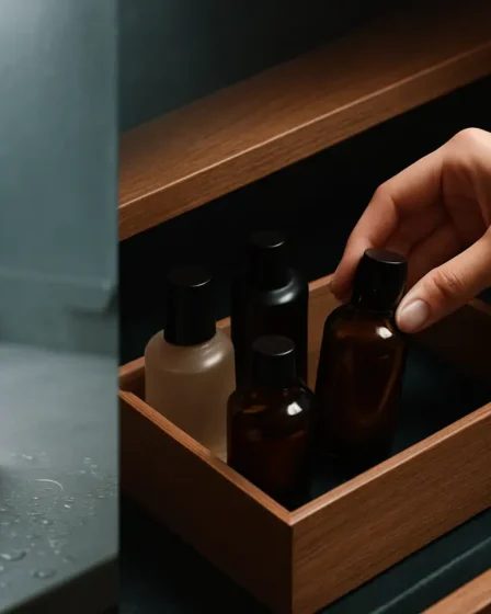 onde guardar perfumes banheiro organizacao segura Banheiro com bancada úmida e perfume exposto ao lado de armário de quarto com organizador e frascos protegidos