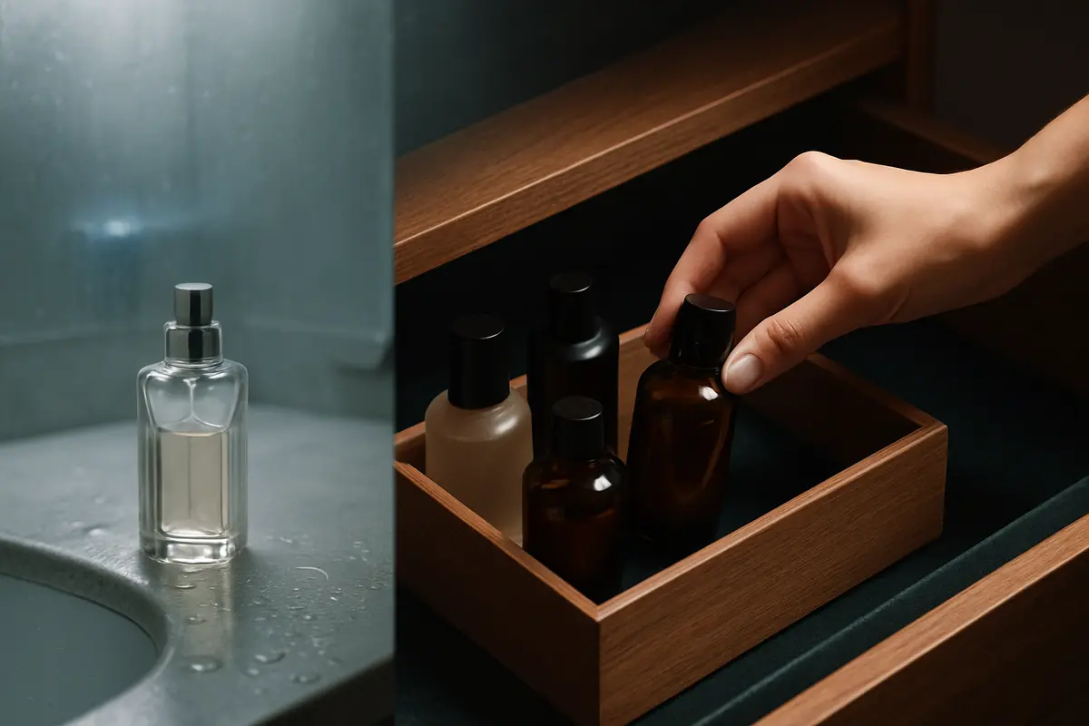 onde guardar perfumes banheiro organizacao segura Banheiro com bancada úmida e perfume exposto ao lado de armário de quarto com organizador e frascos protegidos