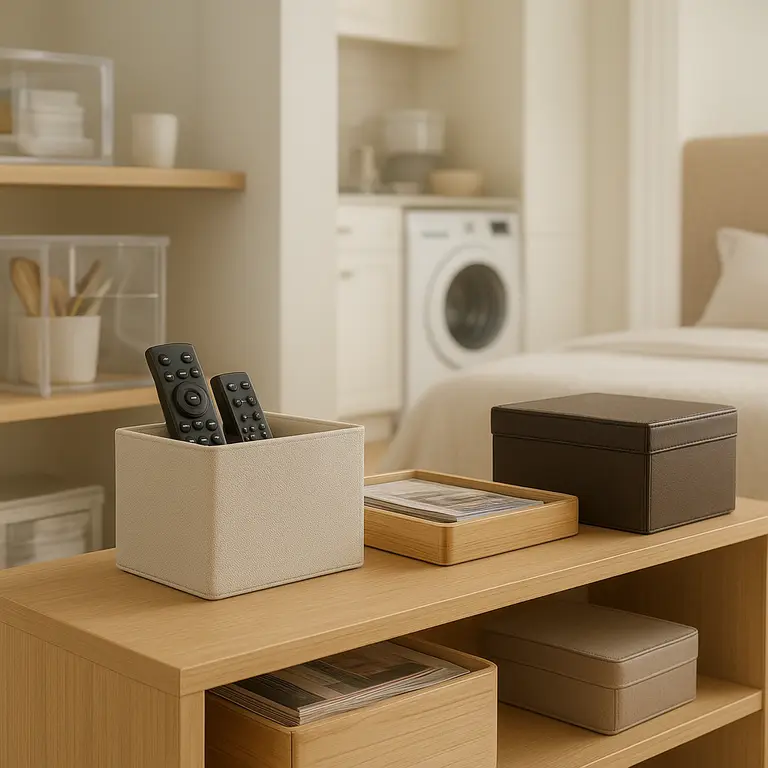 Ambiente doméstico organizado com caixas elegantes em madeira clara, couro sintético e acrílico