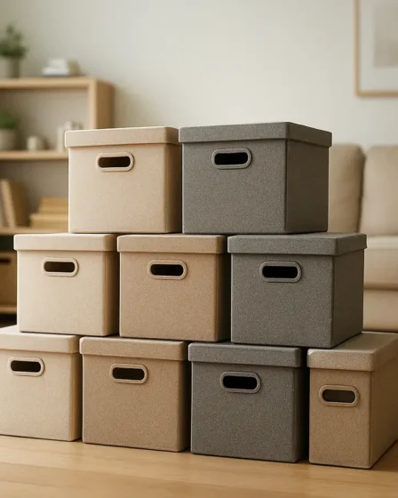 organizacao caixas armazenamento sala Ambiente doméstico organizado com caixas de armazenamento empilhadas elegantemente em sala limpa