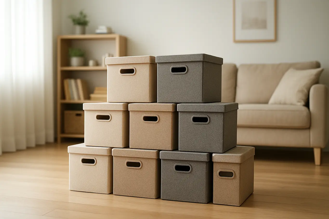 organizacao caixas armazenamento sala Ambiente doméstico organizado com caixas de armazenamento empilhadas elegantemente em sala limpa