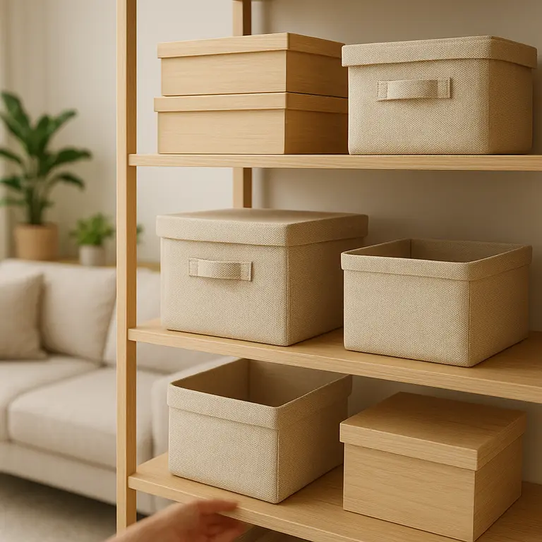 Caixas organizadoras empilhadas em ambiente doméstico