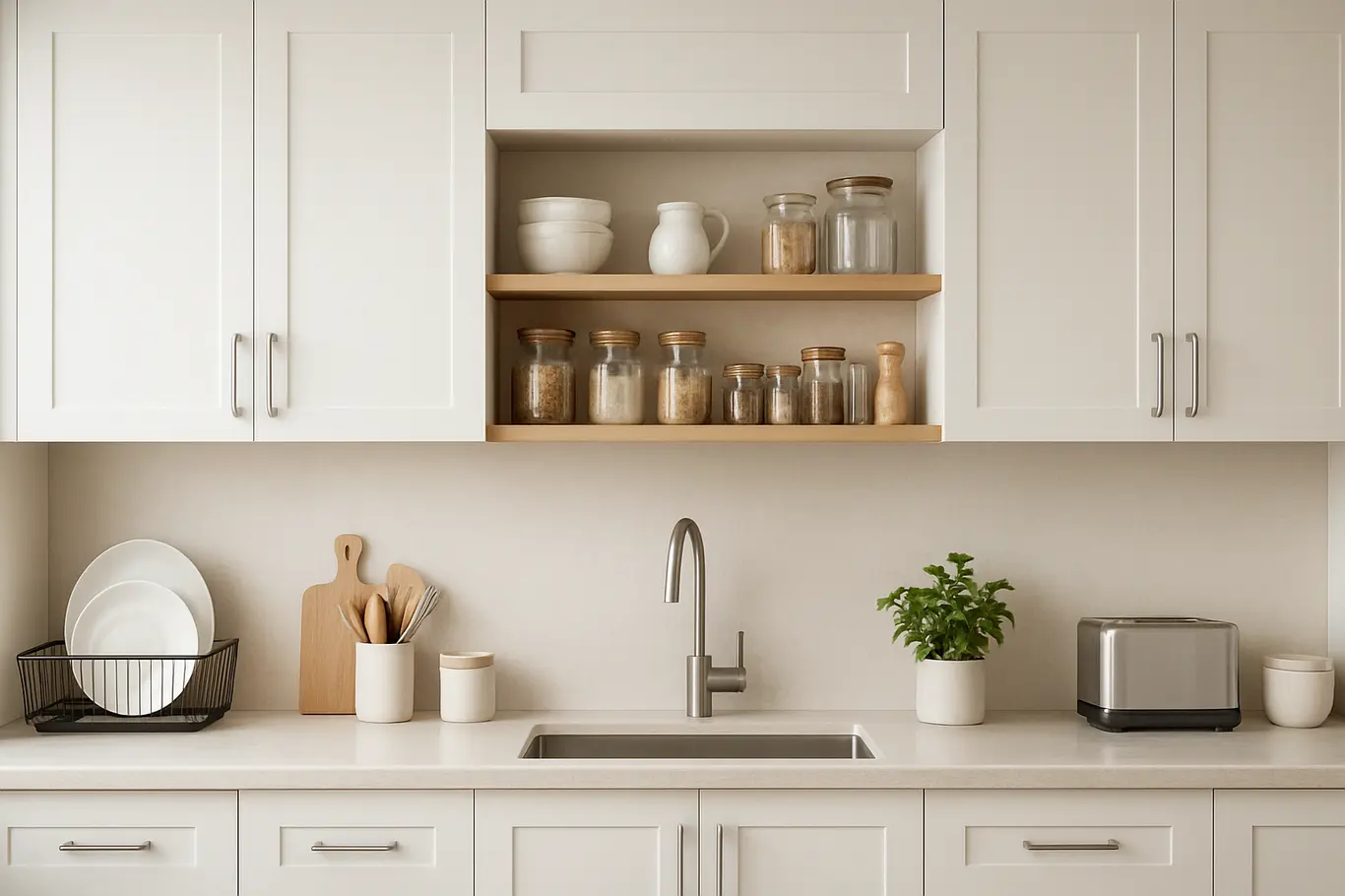 organizacao cozinha armarios brancos prataleiras a Cozinha moderna organizada com armários brancos, prateleiras abertas exibindo utensílios e potes de vidro, bancada limpa com acessórios domésticos funcionais