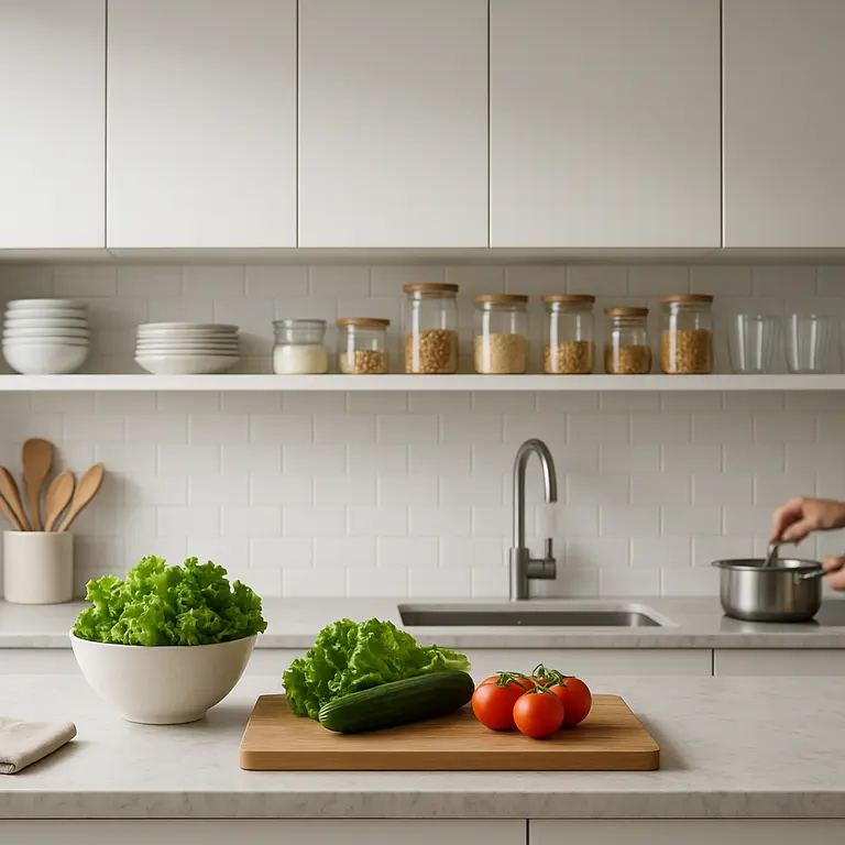 Cozinha organizada com armários pequenos e itens arrumados