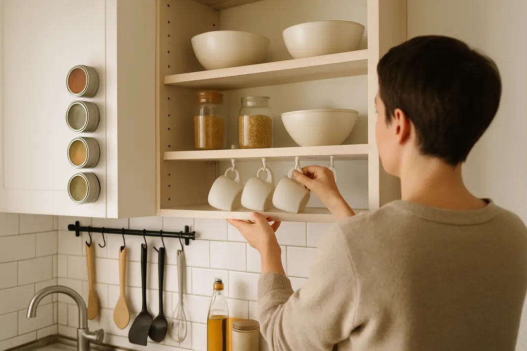 Pessoa pendurando xícaras em ganchos na porta de armário de cozinha pequena com prateleiras verticais e potes magnéticos