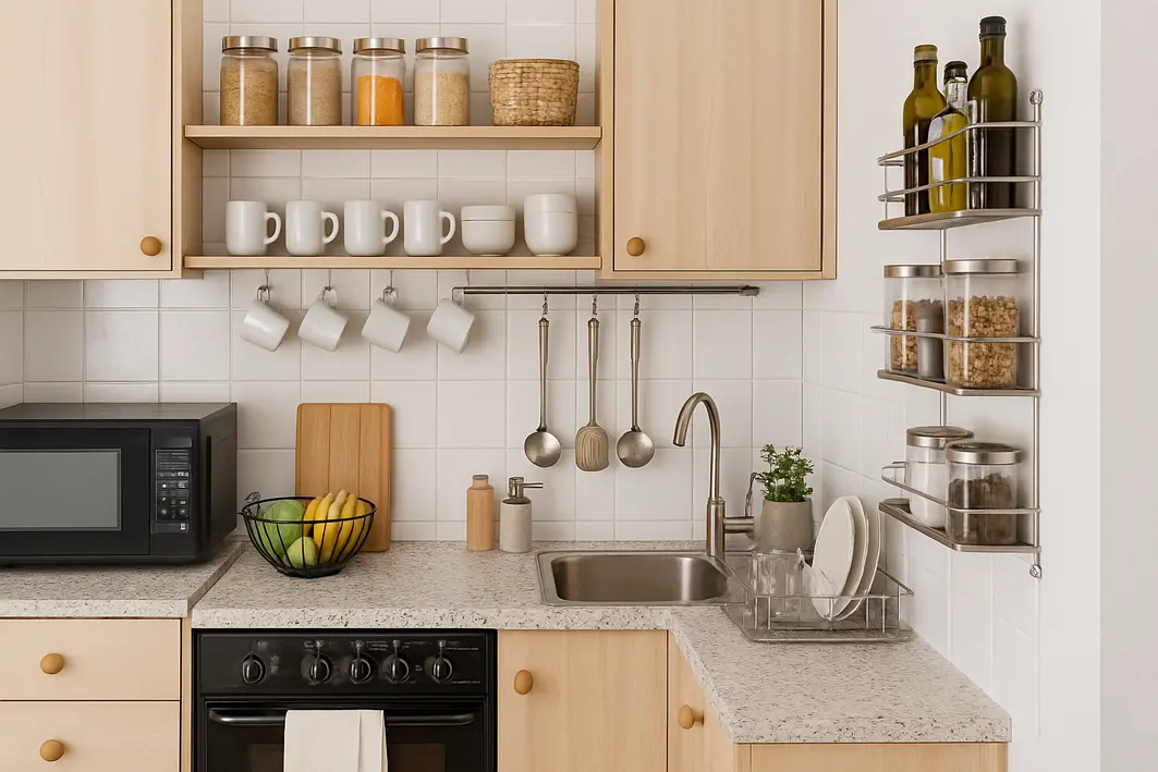Cozinha pequena organizada com armários otimizados e prateleiras