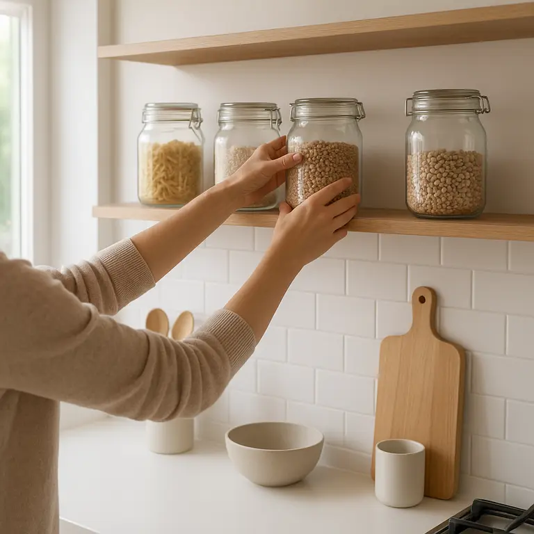Mãos organizando potes de vidro transparentes em prateleira aberta de cozinha moderna
