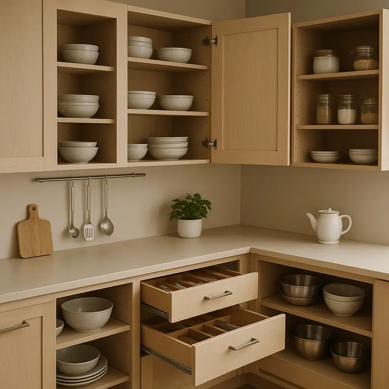 Cozinha organizada com armarios e gavetas abertos mostrando prateleiras ajustaveis e organizadores giratorios