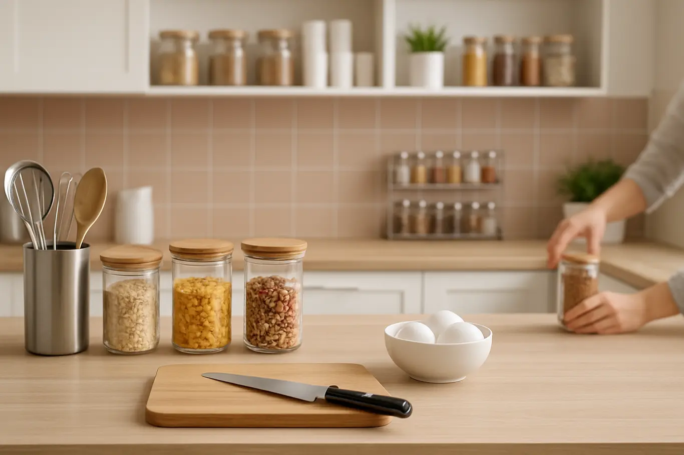 organizacao cozinha pratica bancada utensilios Cozinha moderna organizada com bancada limpa e utensílios alinhados