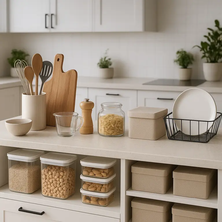 Cozinha organizada com prateleiras e utensilios em ordem