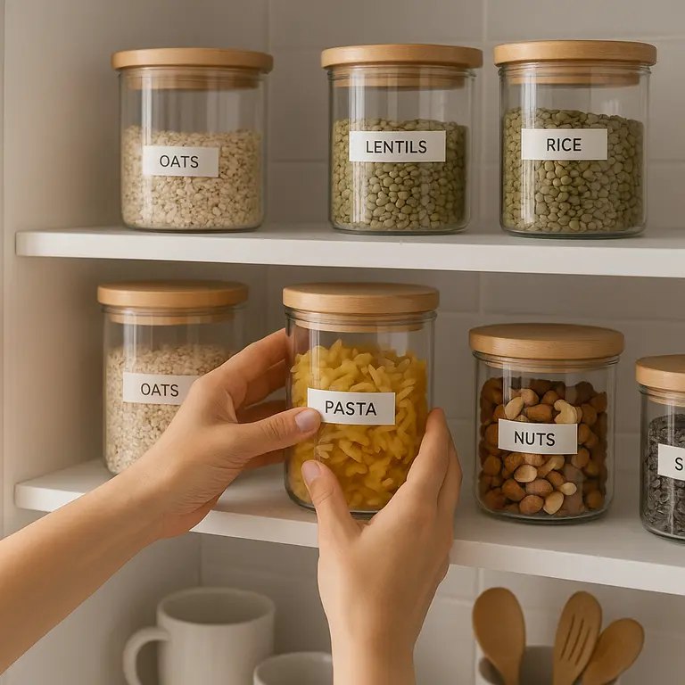 Mãos organizando potes transparentes com alimentos secos em prateleiras de armário de cozinha