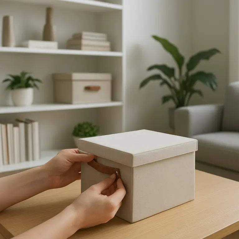 Estante organizada com caixas coloridas e decoração moderna