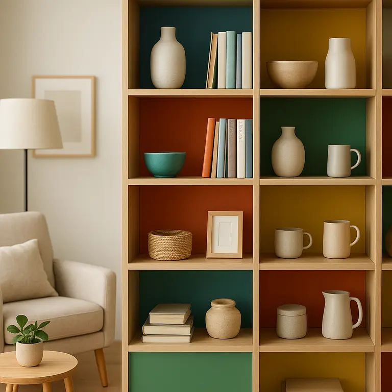 Estante moderna com nichos abertos coloridos contendo livros e objetos decorativos em ambiente doméstico organizado e iluminado