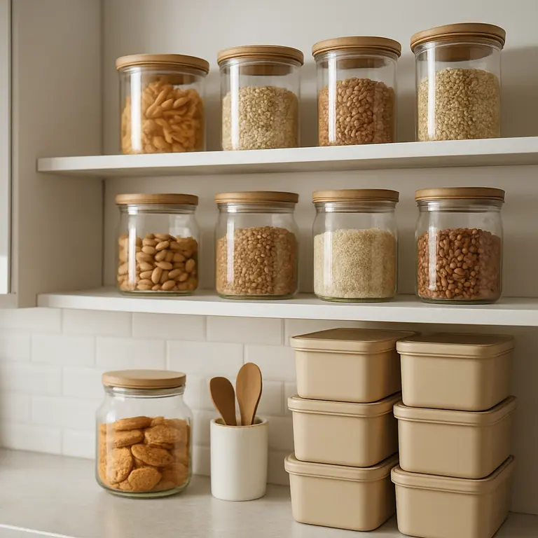 Despensa organizada com prateleiras cheias de potes transparentes e mantimentos