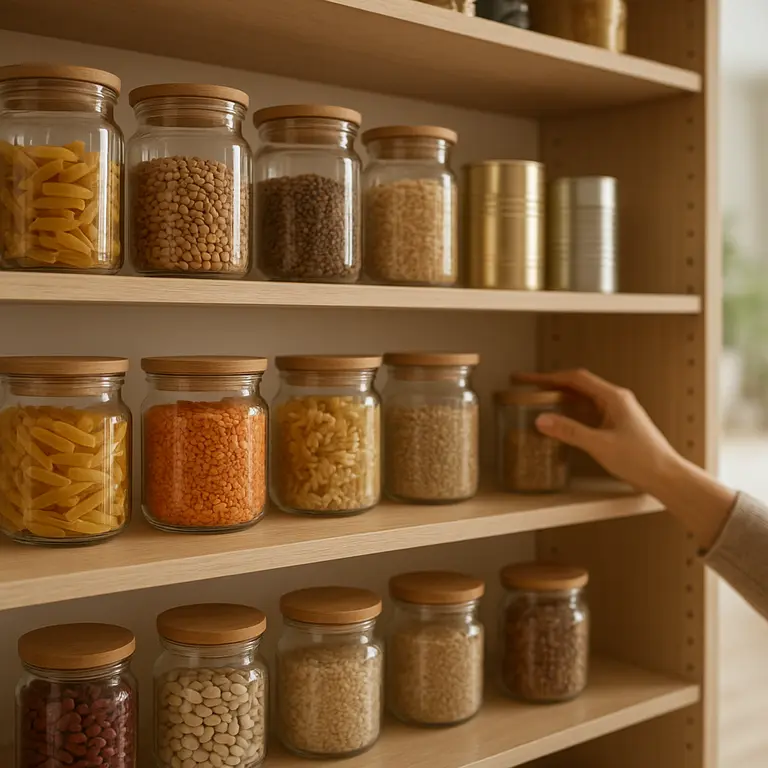 Despensa moderna organizada com prateleiras de madeira clara e potes transparentes contendo grãos, massas e enlatados
