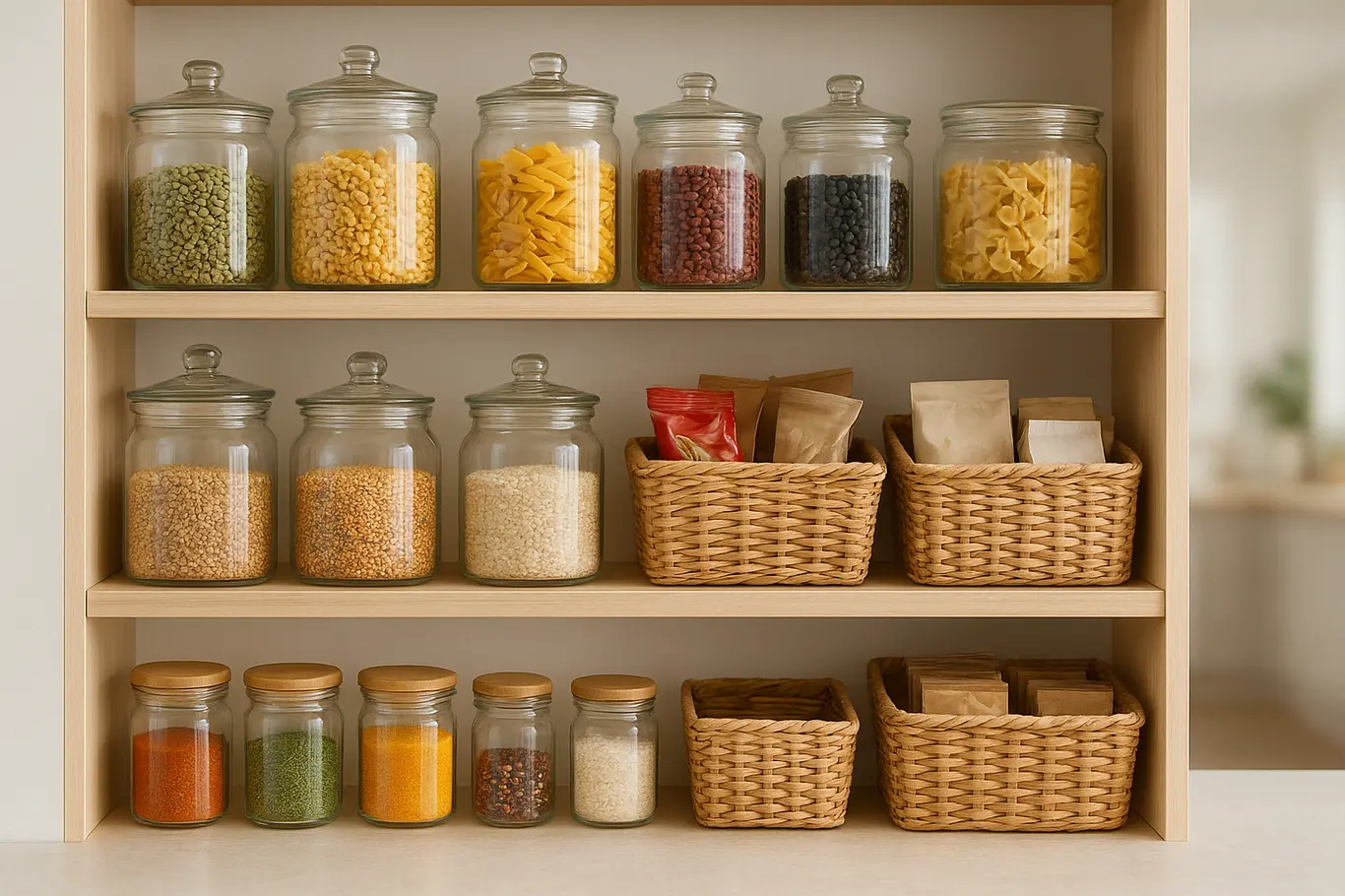 organizacao despensa prateleiras vidro potes Despensa organizada com prateleiras de madeira clara, potes de vidro com grãos, massas e temperos coloridos, além de cestas de vime com pacotes variados