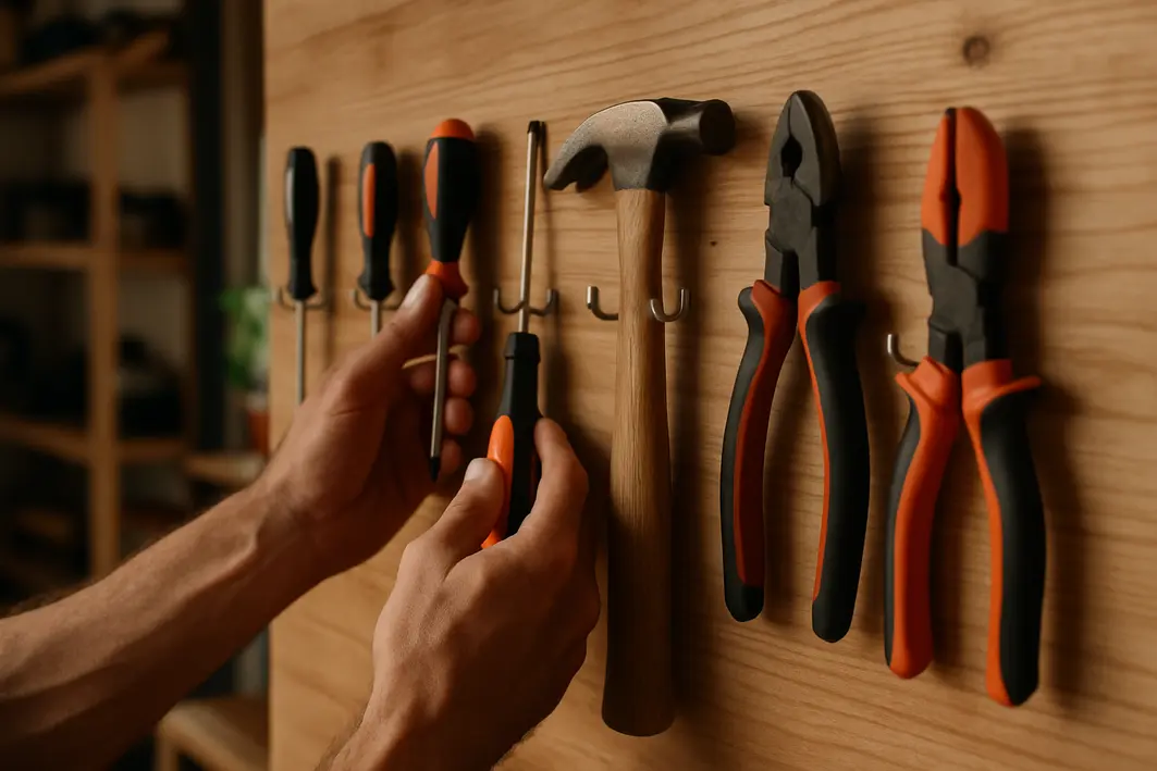 Mãos masculinas organizando ferramentas manuais em painel de madeira com ganchos em oficina doméstica