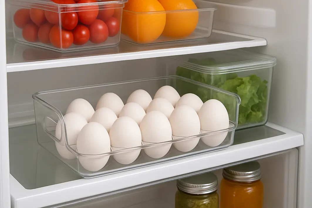 Mãos organizando ovos em bandeja plástica na prateleira interna da geladeira