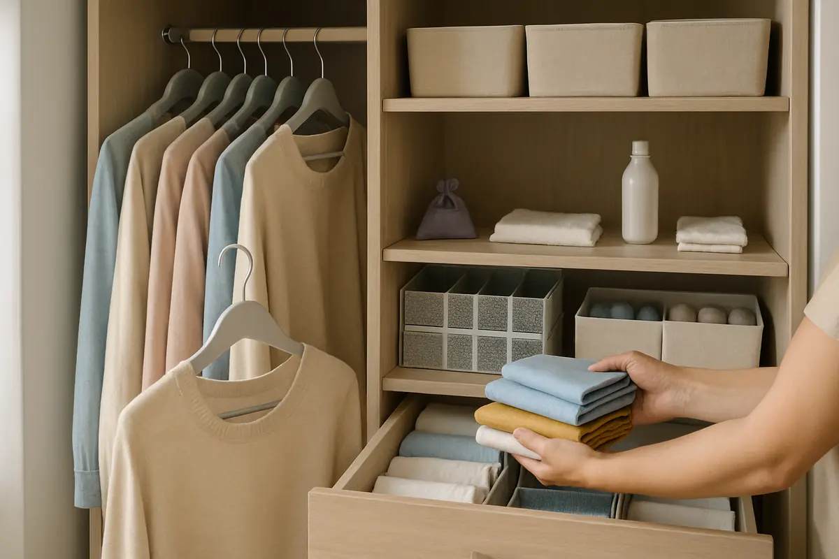 organizacao guarda roupa rapido Guarda roupa moderno com portas abertas mostrando seções organizadas e mãos dobrando roupas no metodo konmari