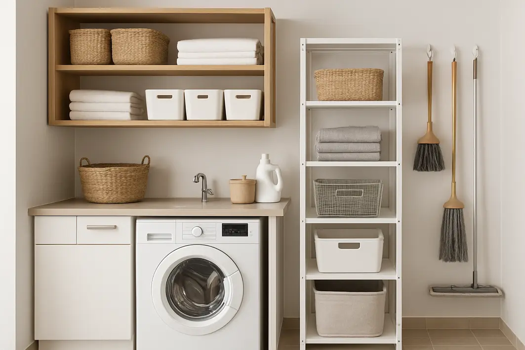 Mãos organizando cestos de roupa em armário suspenso na área de serviço com prateleiras de produtos de limpeza