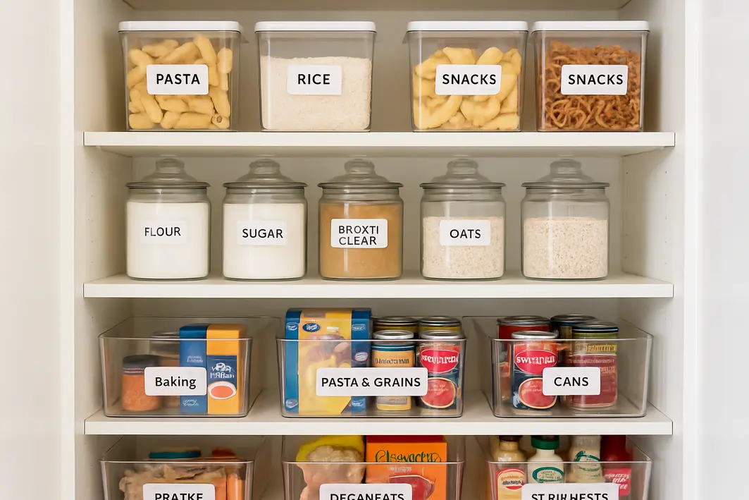 Pessoa organizando potes de vidro etiquetados com datas e categorias na despensa