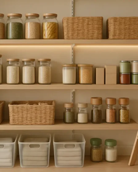 organizar despensa categorias pratico Despensa organizada com prateleiras brancas contendo potes transparentes e caixas agrupadas por categorias